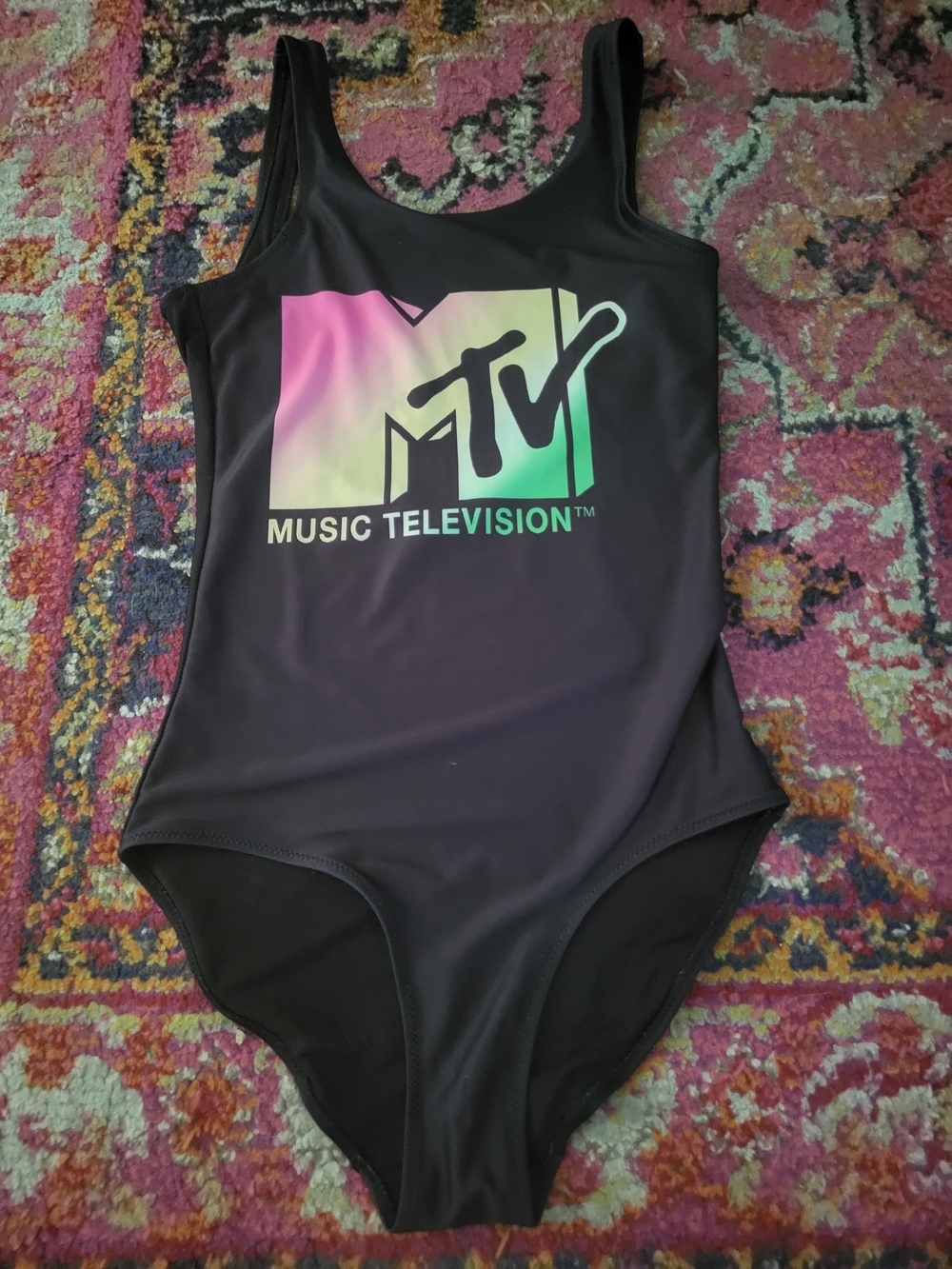 H&M Black Kids One-Piece Swimsuit with Pink-to-Green Gradient MTV Logo